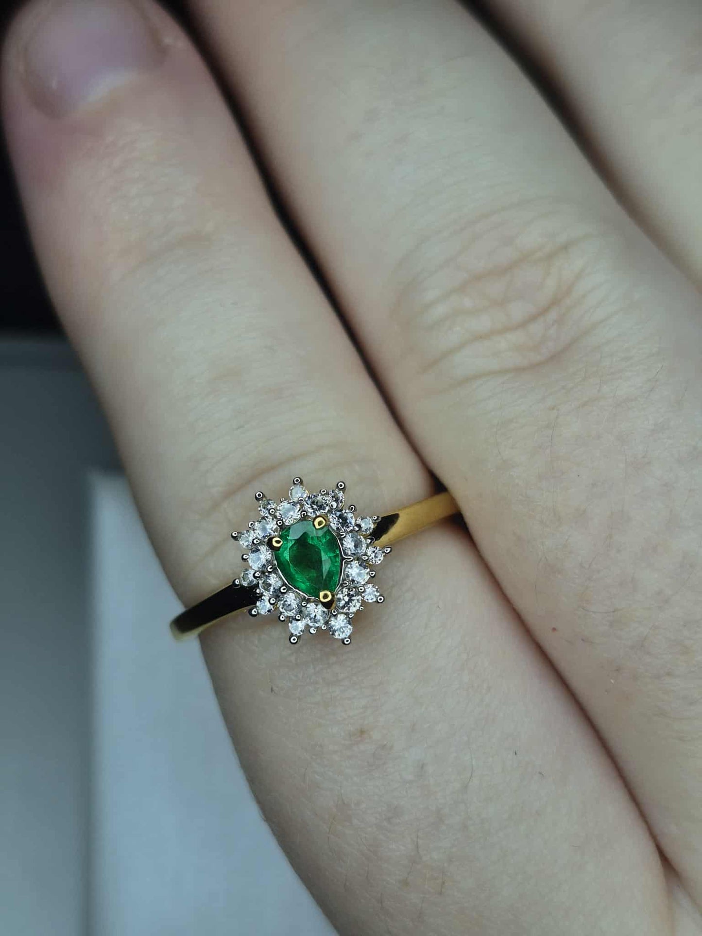 Colombian Emerald &amp; White Zircon Halo Ring in 18K Gold Overlay 925 Sterling Silver SIZE R