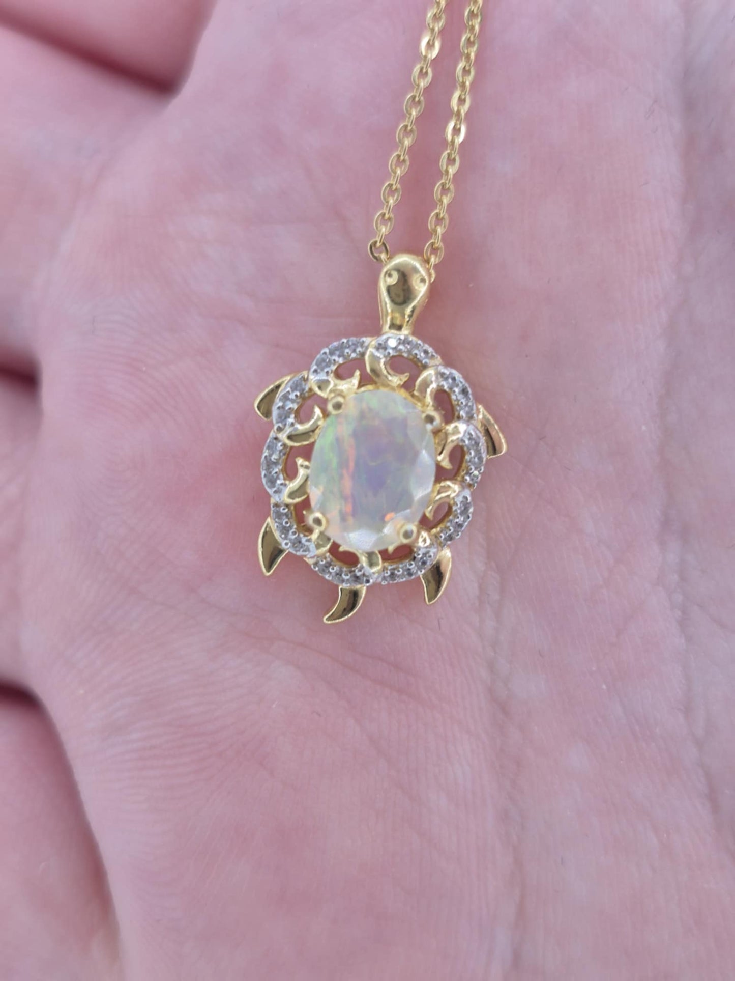 1.38ct Ethiopian Opal, White Zircon Turtle Necklace 18K Gold Overlay 925 Sterling Silver