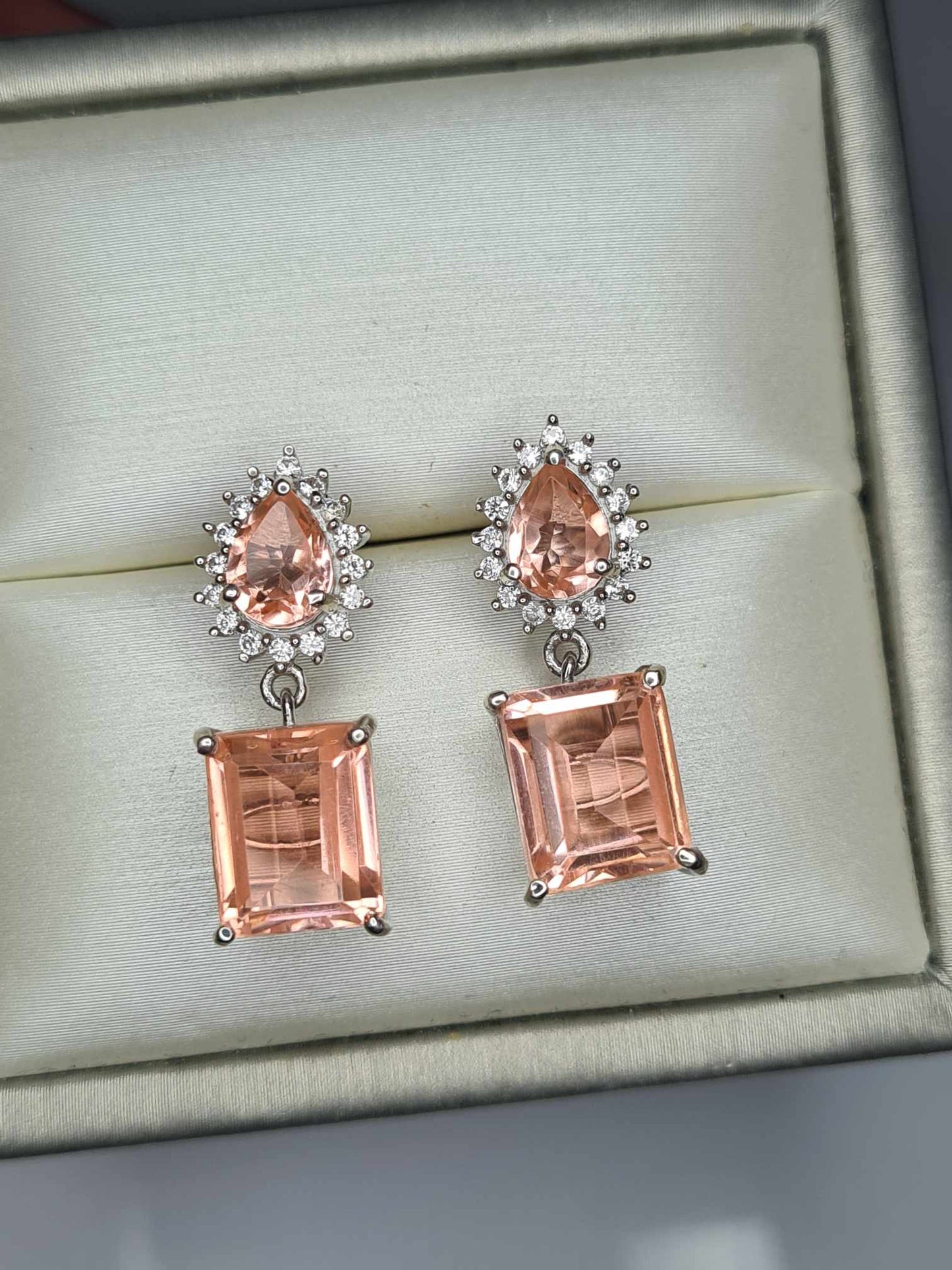 10.15ct Morganite Colour Quartz & Natural Zircon Dangle Earrings in Platinum Overlay 925 Sterling Silver