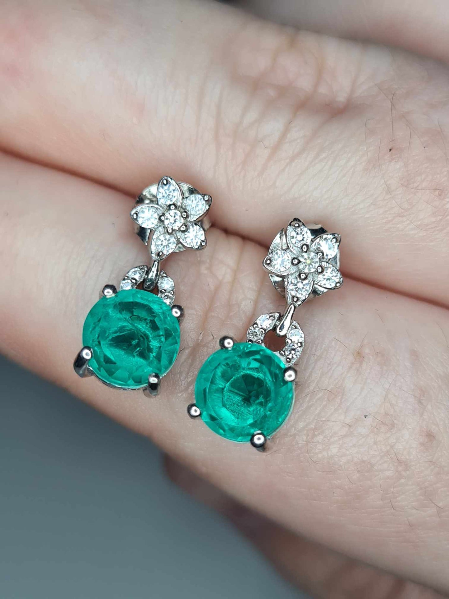 4ct Emeraldine Triplet Quartz & Zircon Dangling Earrings 925 Sterling Silver