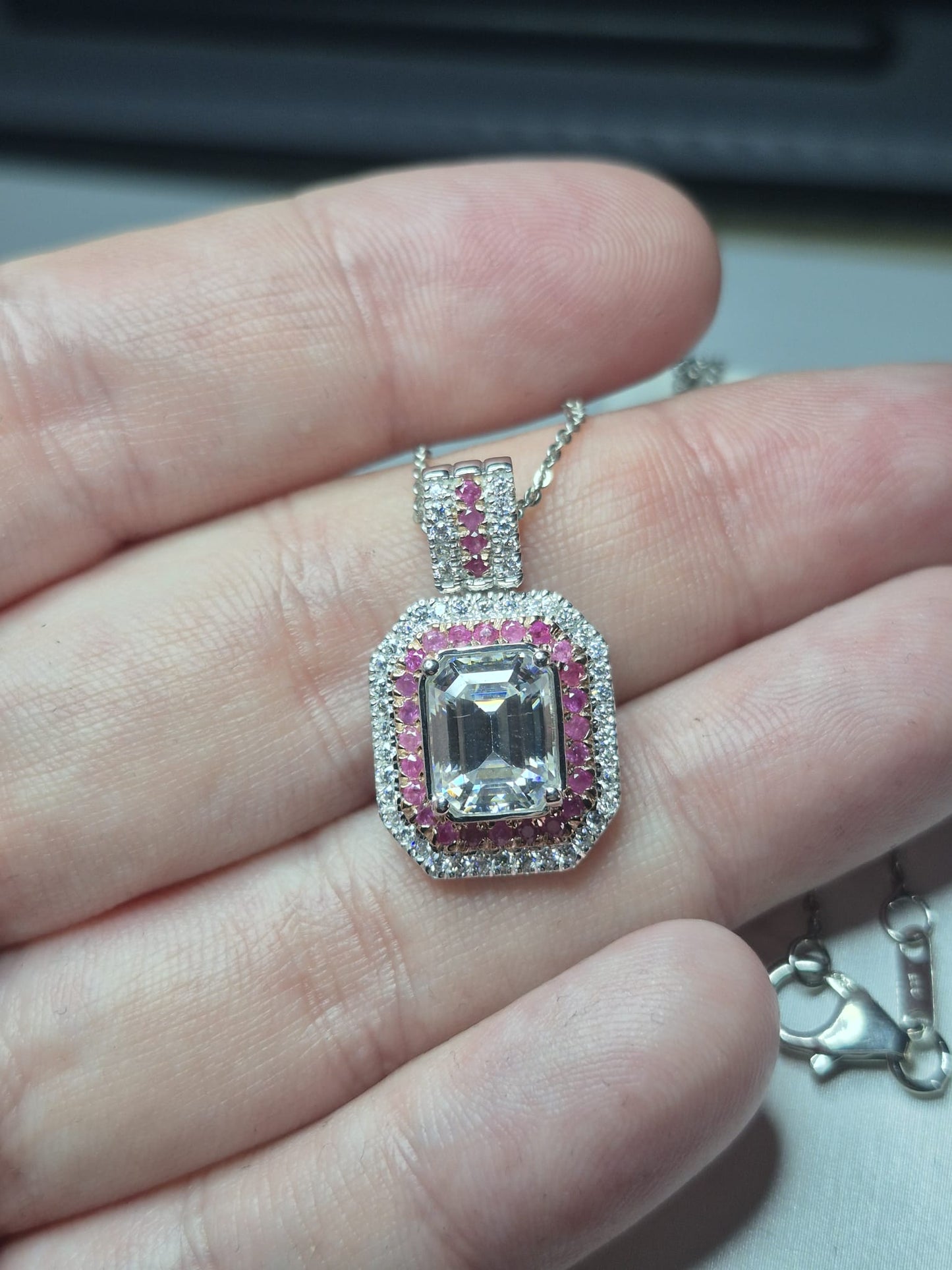 Moissanite & Pink Sapphire Necklace Rhodium Overlay 925 Sterling Silver