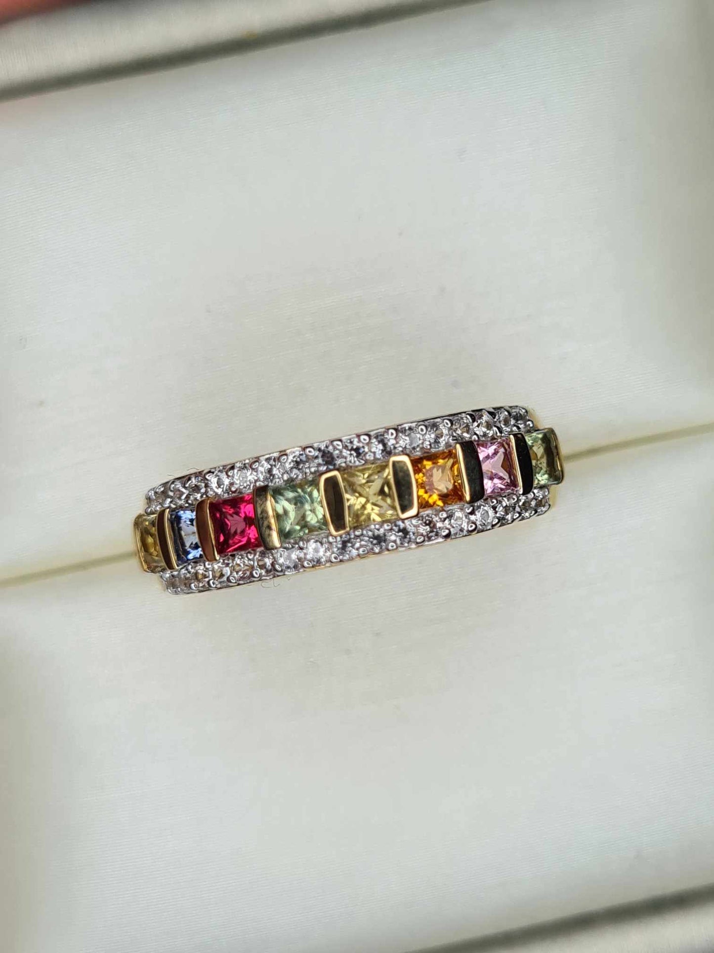 1.14ct Rainbow Sapphire and Natural Zircon Half Eternity Band Ring SIZE M