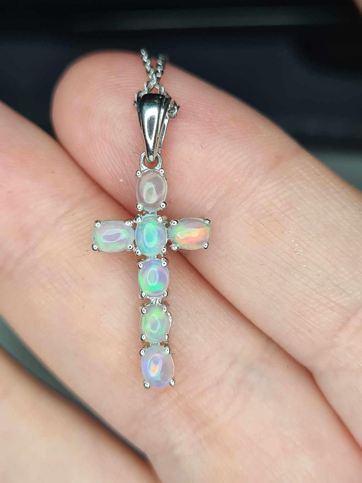 0.760ct. Ethiopian Opal Cross Necklace 925 Sterling Silver with platinum overlay