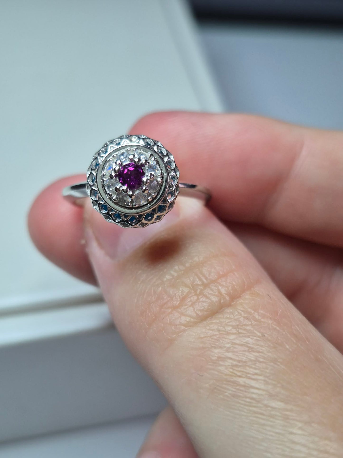 Art Deco Blue Apatite Ring in Rhodium Overlay 925 Sterling Silver SIZE N