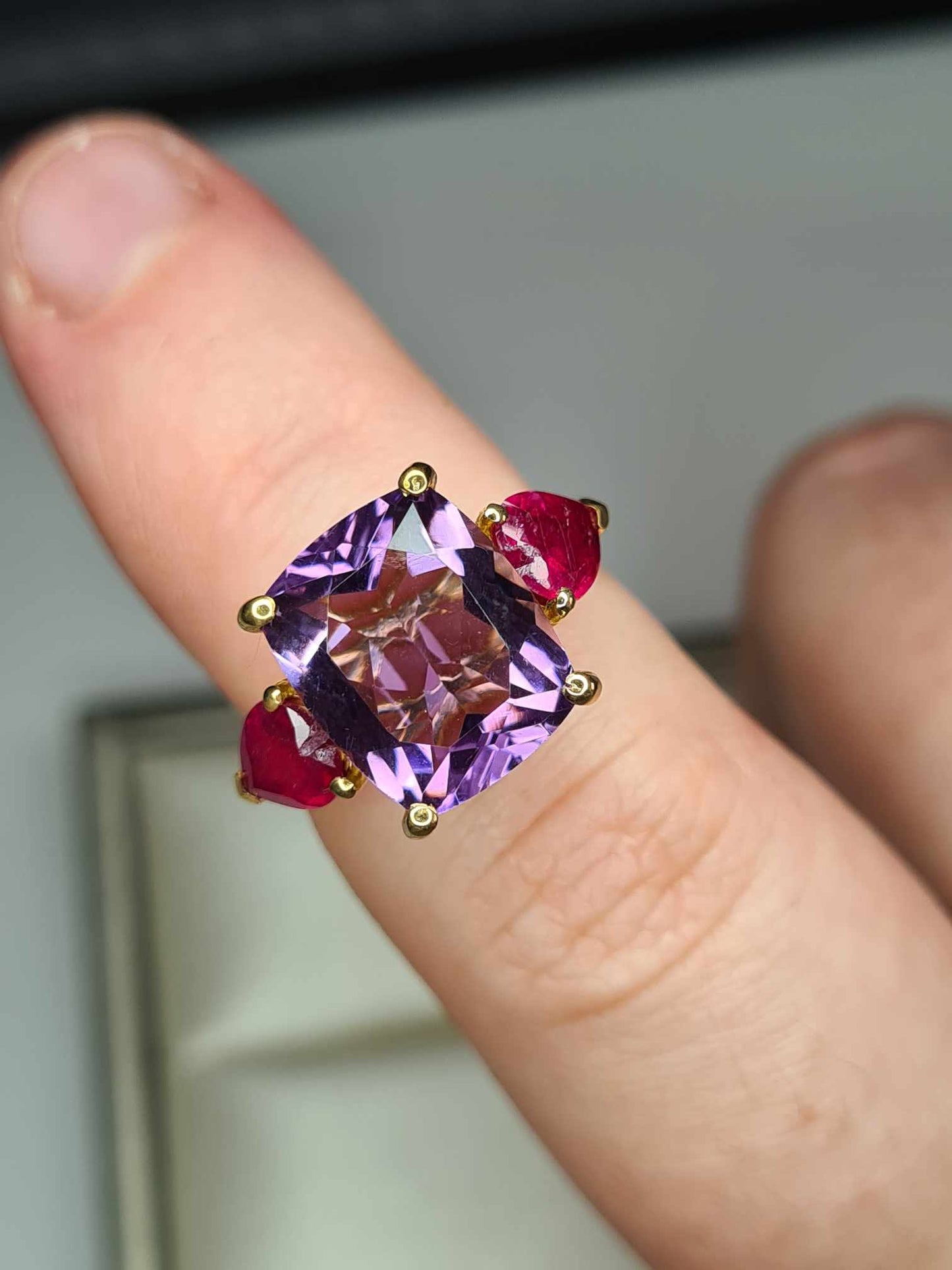 6.660 Ct. African Amethyst & Ruby Trilogy Ring in 18K Gold Overlay 925 Sterling Silver