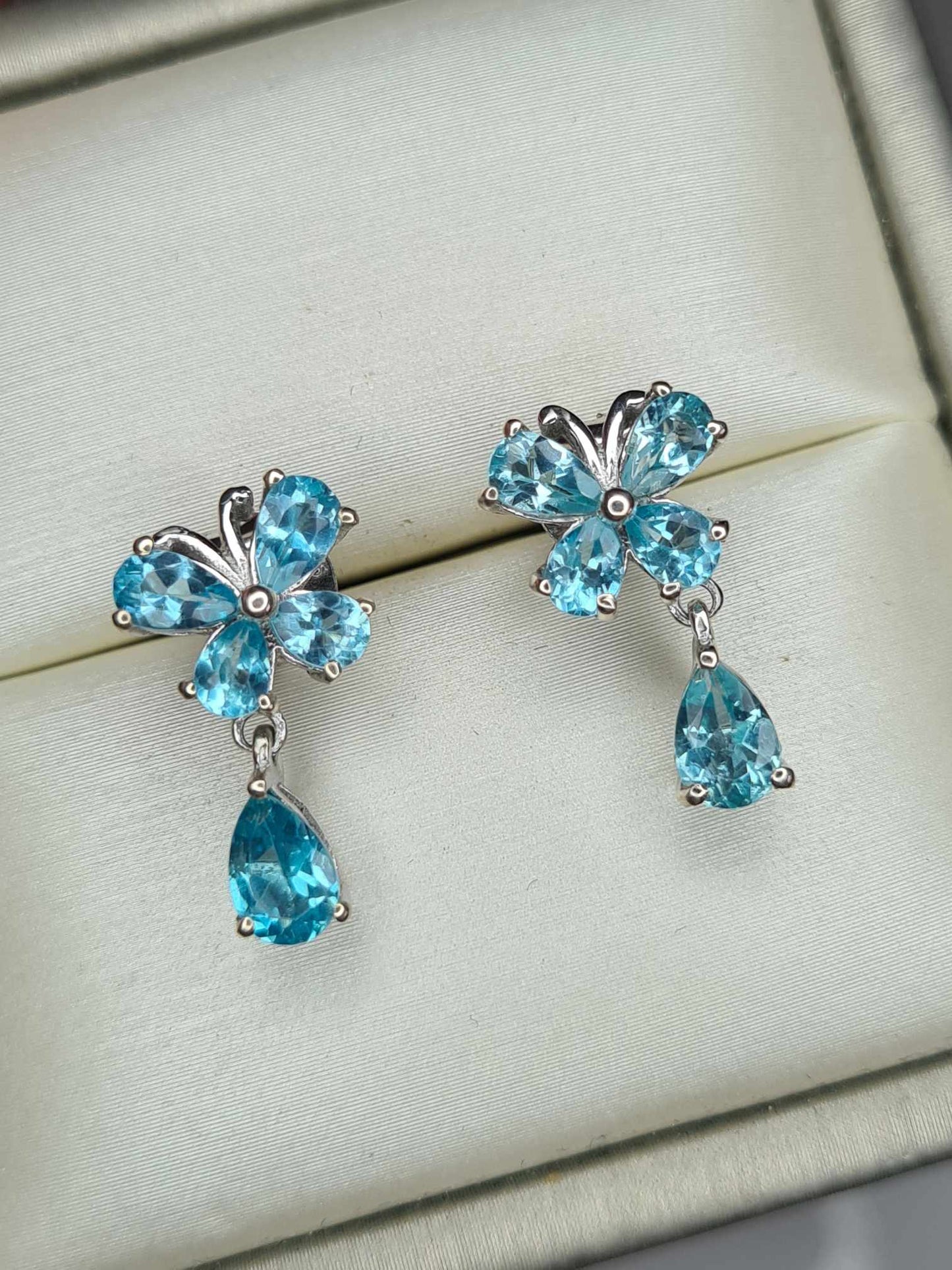 Blue Apatite Dangle Butterfly Earrings in Rhodium Overlay 925 Sterling Silver