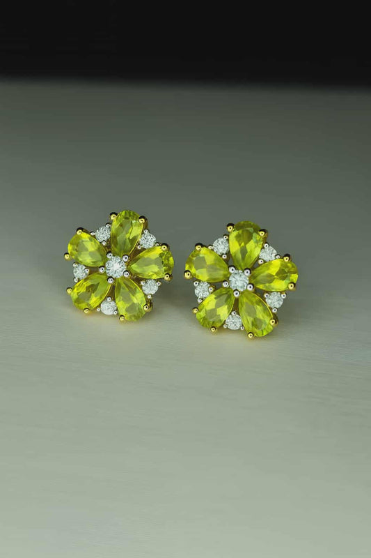 Natural Hebei Peridot & White Zircon Flower Stud Earrings in Gold Overlay 925 Sterling Silver