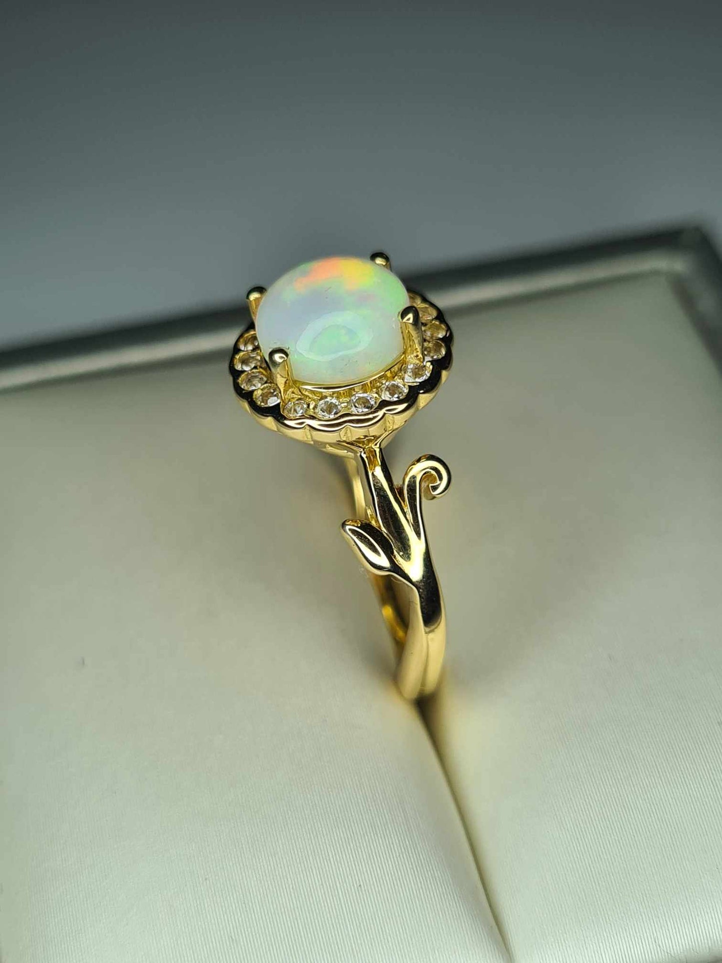 1.68ct Ethiopian Welo Opal, Natural Zircon Halo Ring in 18K Yellow Gold Overlay 925 Sterling Silver SIZE L