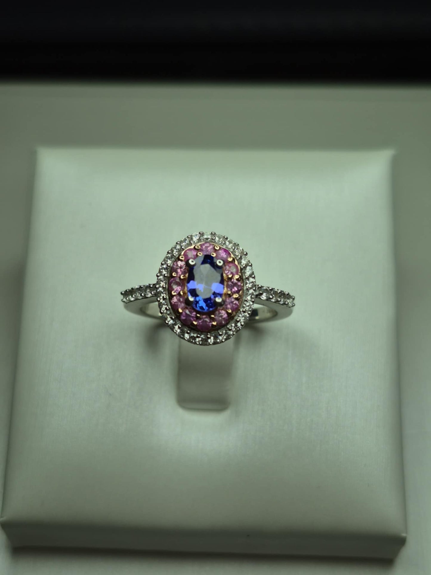 Tanzanite & Pink Sapphire Halo Ring in 925 Sterling Silver SIZE L