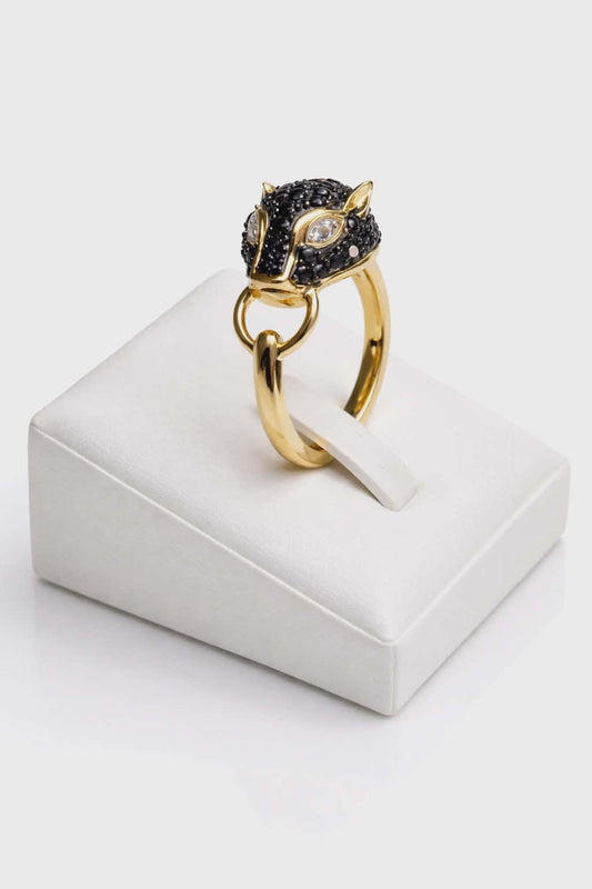 1.16ct Black Spinel &amp; White Zircon Panther Ring in 18K 925 Sterling Silver SZIES R, S