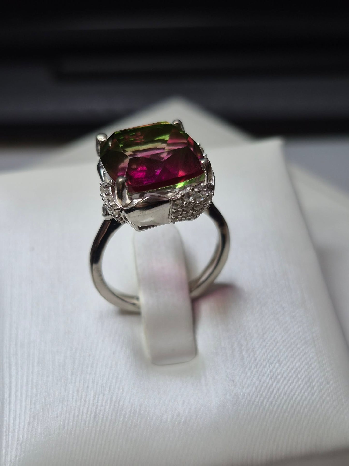 9ct Watermelon Quartz &amp; White Zircon Solitaire Ring in 925 Sterling Silver
