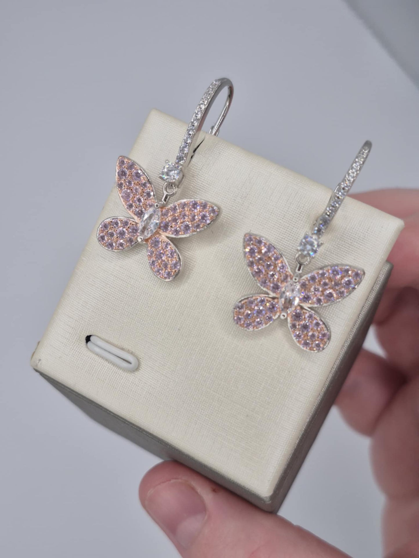 Pink & White Cubic Zirconia Butterfly Earrings in Rhodium Overlay 925 Sterling Silver