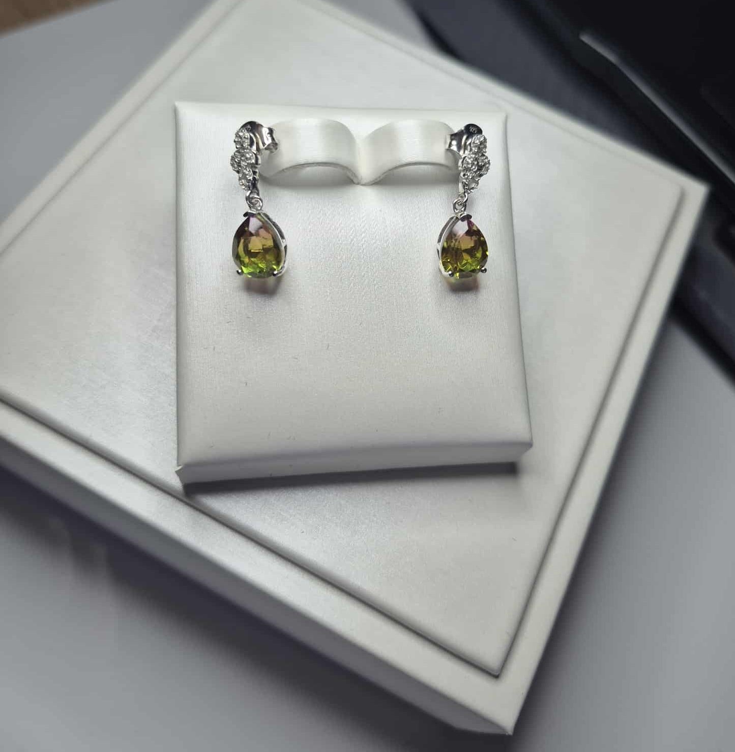 Rainbow Genesis Quartz, White Zircon Dangle Earrings in 925 Sterling Silver