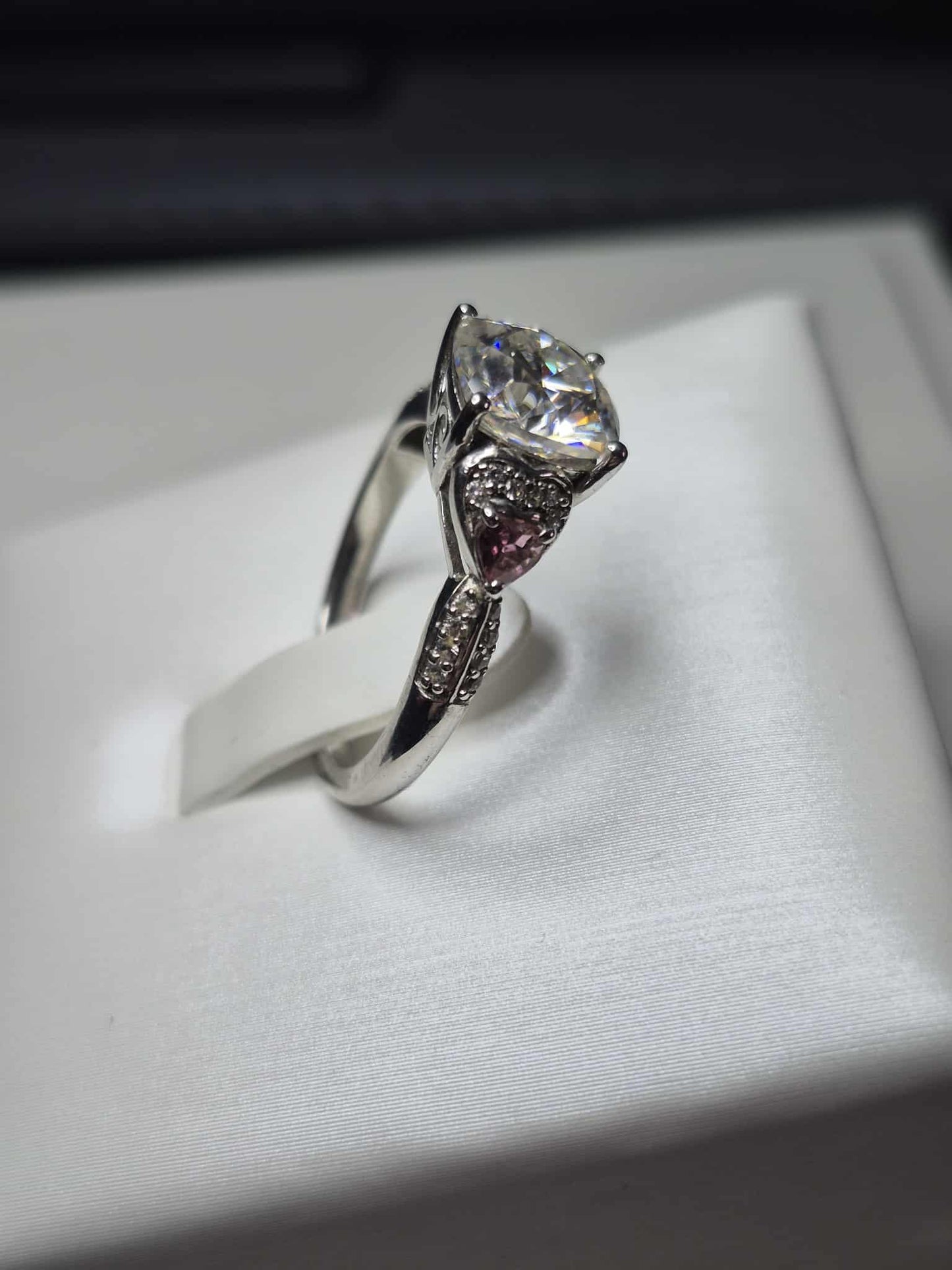 3.07ct Moissanite, Pink Tourmaline &amp; Natural Zircon Ring 925 Sterling Silver SIZE M