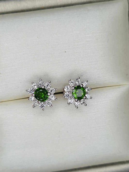 1ct Russian Diopside and natural zircon Halo Stud Earrings 925 Sterling
