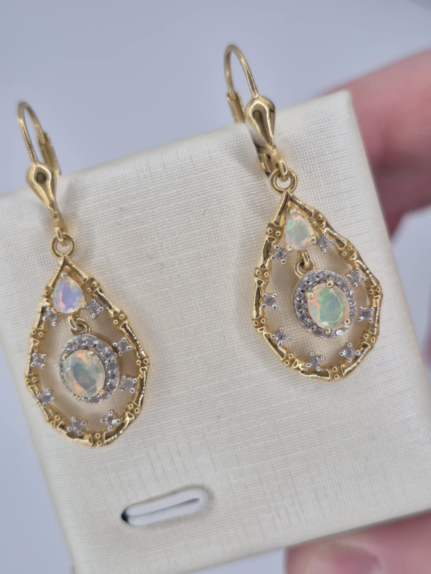 1.09ct Ethiopian Opal, White Zircon Dangle Earrings in 18K Gold Overlay 925 Sterling Silver