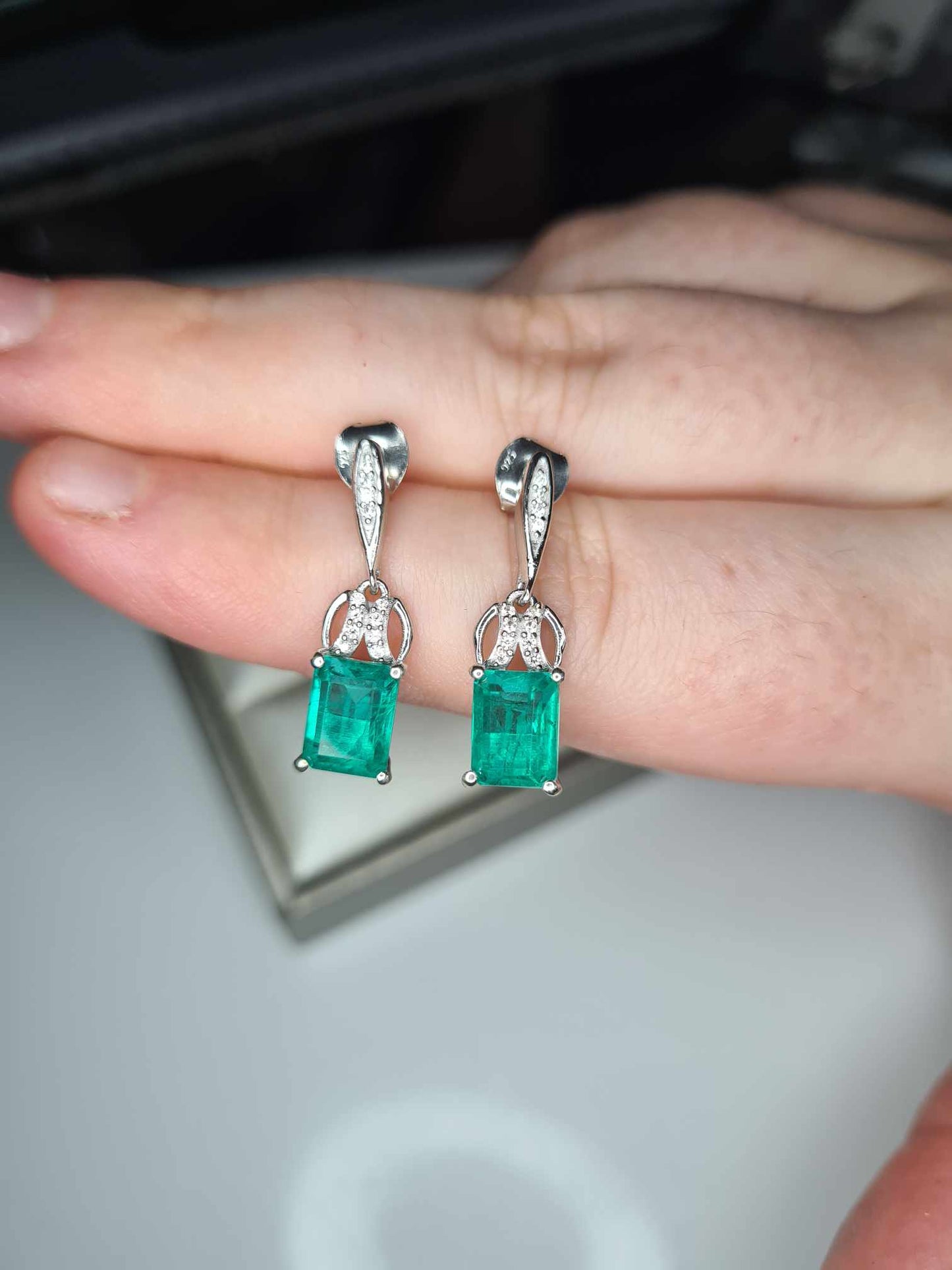 5ct Emeraldine Quartz & Zircon Dangle Earrings in Rhodium Overlay 925 Sterling Silver