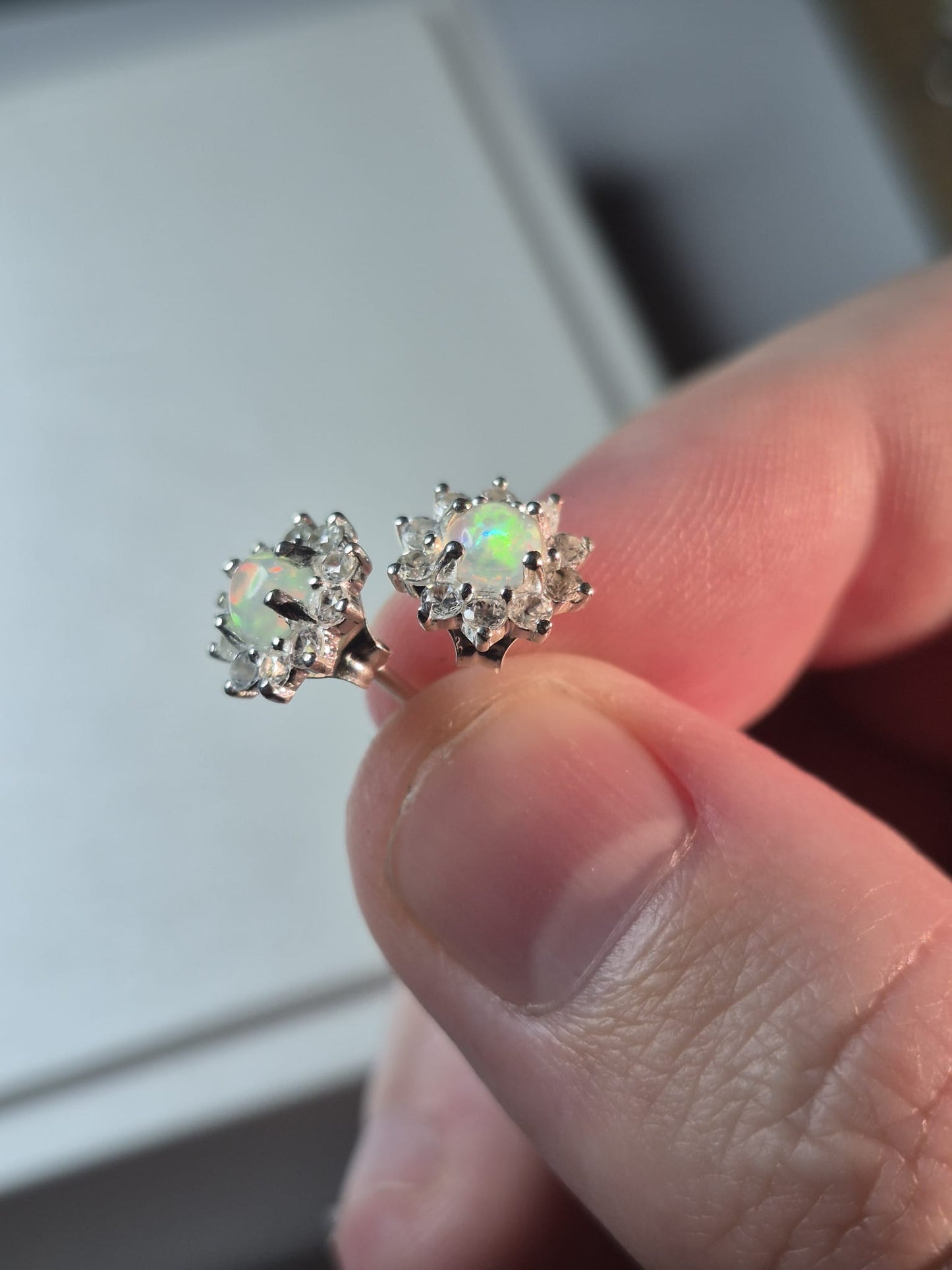 Ethiopian Opal & White Zircon Halo Earrings 925 Sterling Silver