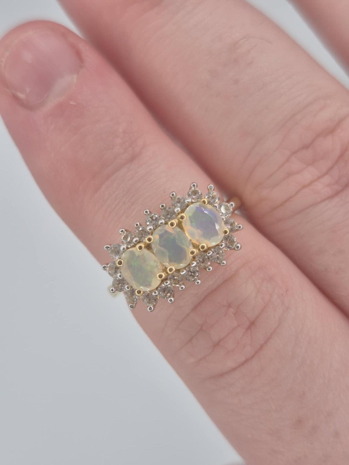 1.26ct Ethiopian Opal & White Zircon Halo Ring in 18K Gold Overlay 925 Sterling Silver SIZE L