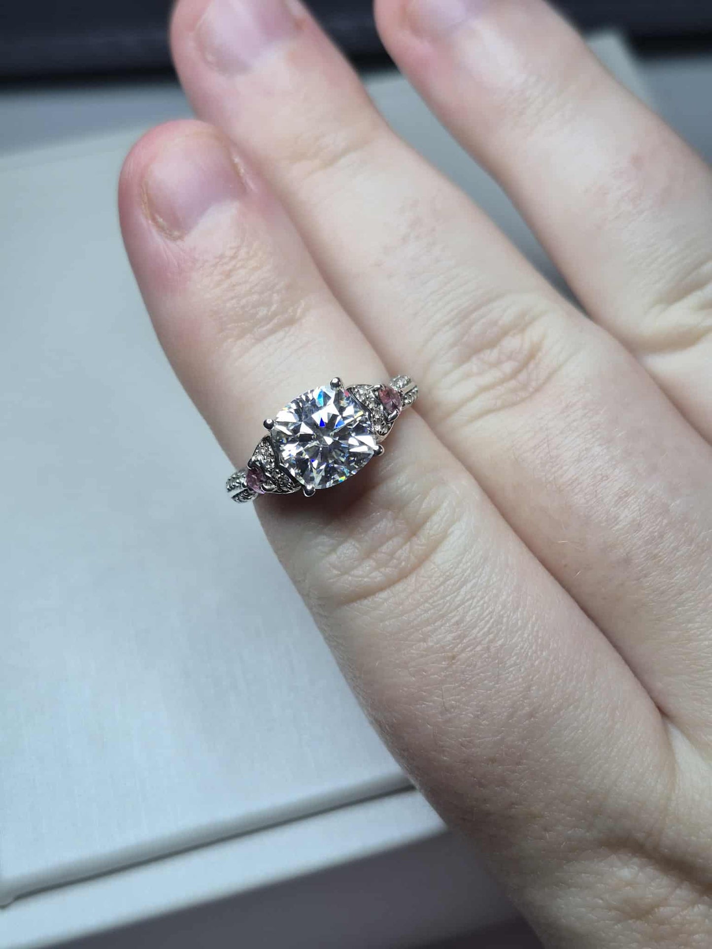 3.07ct Moissanite, Pink Tourmaline &amp; Natural Zircon Ring 925 Sterling Silver SIZE M