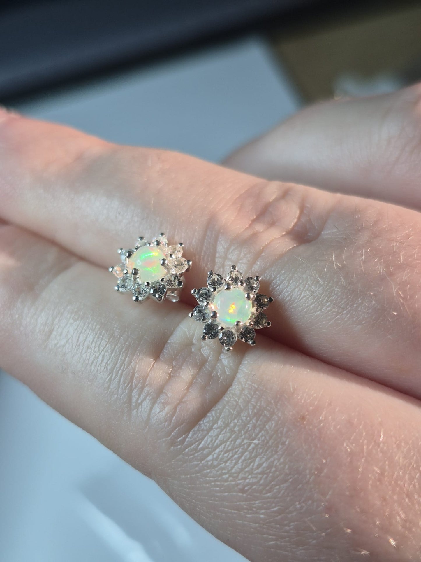 Ethiopian Opal & White Zircon Halo Earrings 925 Sterling Silver