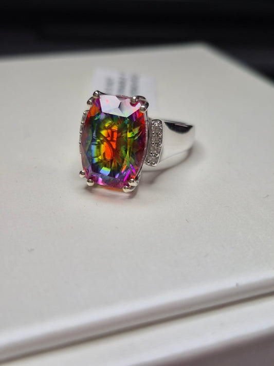 8ct Nebula Quartz Doublet & White Zircon Ring in Rhodium Overlay Sterling Silver SIZE L