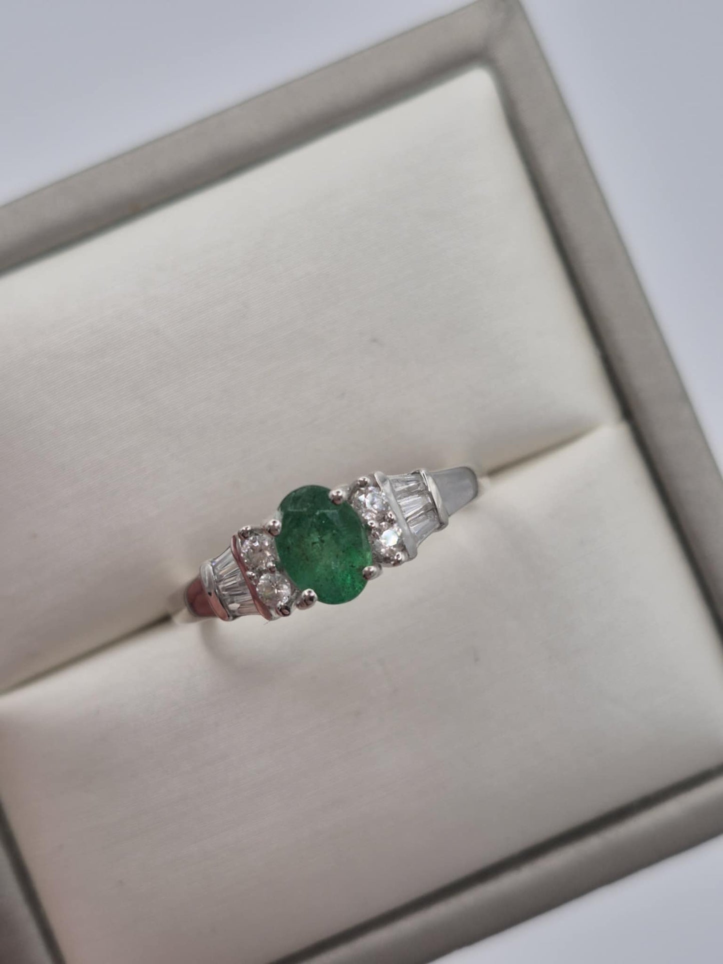 1.361ct AAEmerald & White Zircon Ring in Platinum Overlay 925 Sterling Silver SIZE T