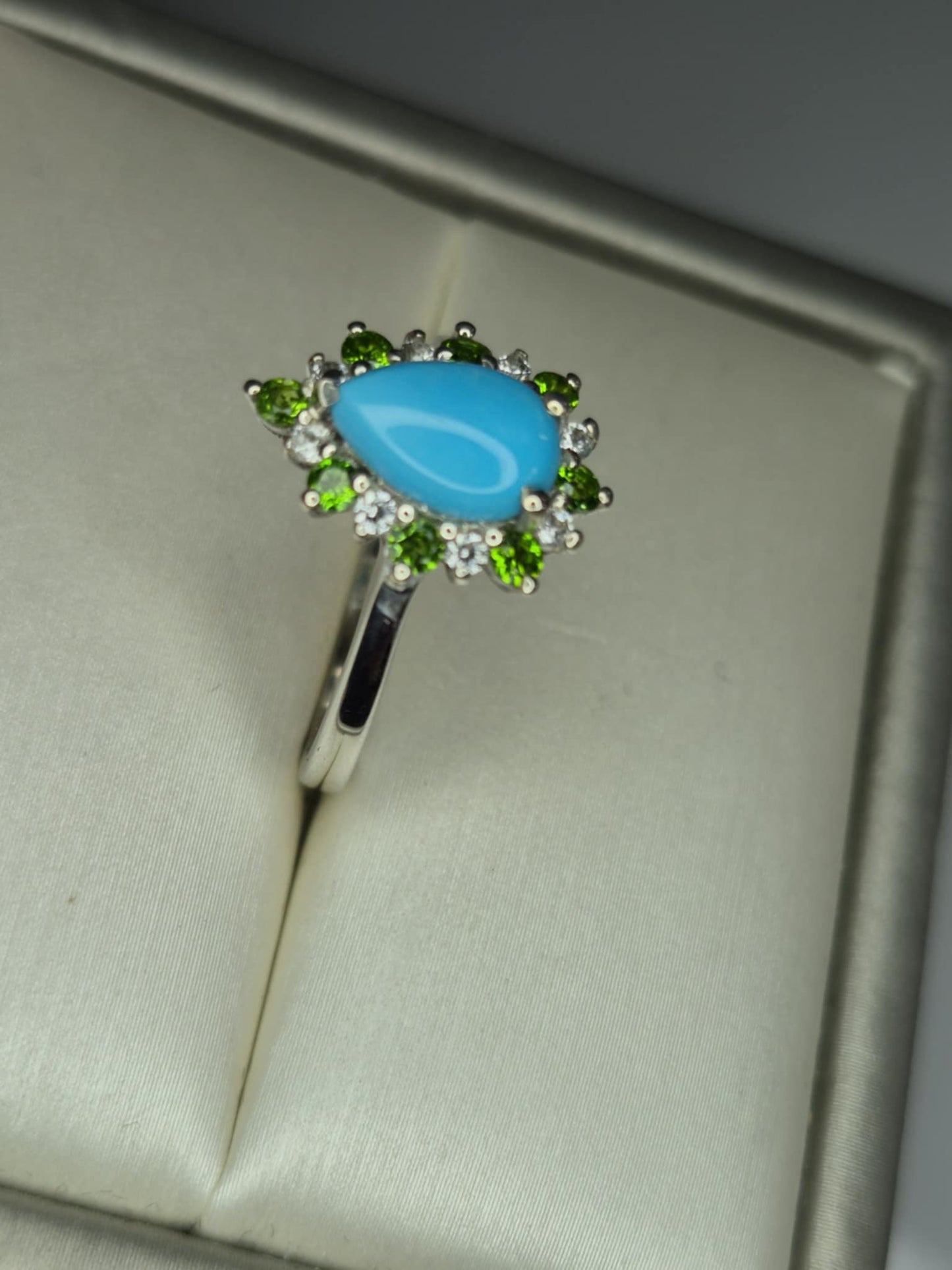 1.75ct Sleeping Beauty Turquoise, Russian Diopside, White Zircon Halo Ring in 925 Sterling Silver SIZE L