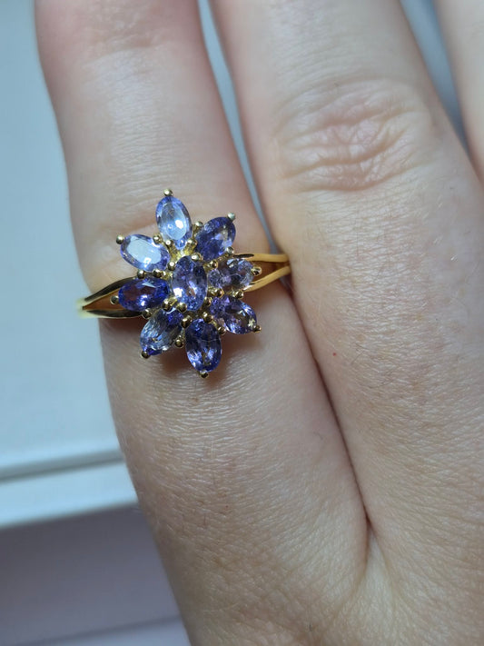 2.12ct Tanzanite Floral Ring in Yellow Gold Plated 925 Sterling Silver SIZE O