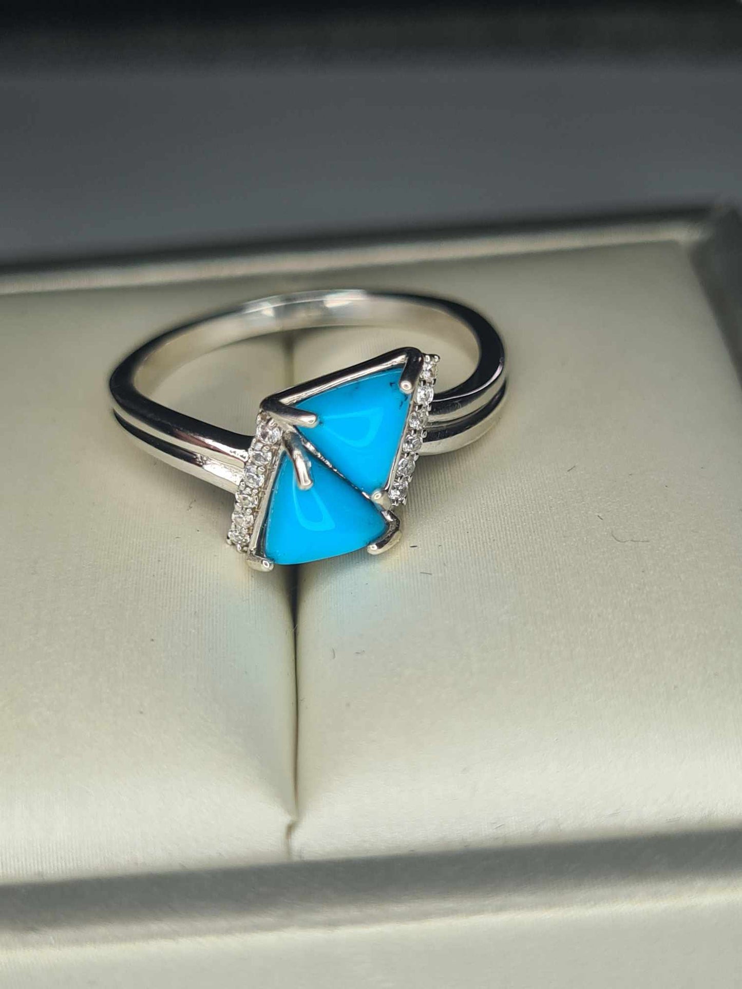 1.17 Ct. Arizona Sleeping Beauty Turquoise Triangle Ring in Platinum Overlay 925 Sterling Silver SIZE P