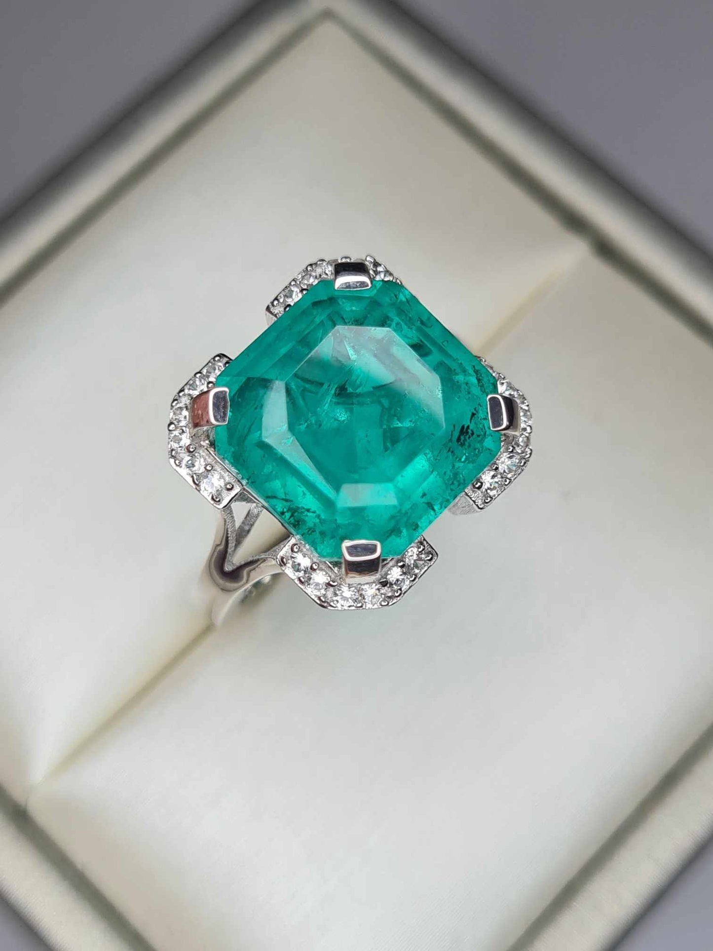 8.588ct Emeraldine Triplet Quartz, White Zircon Ring 925 Sterling Silver SIZE M