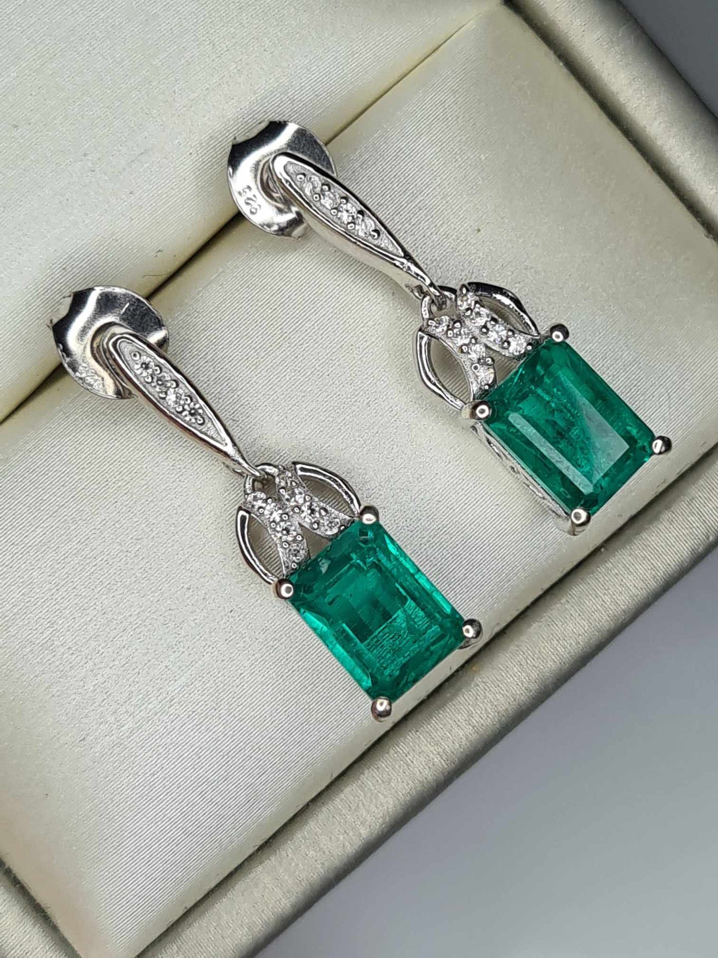 5ct Emeraldine Quartz & Zircon Dangle Earrings in Rhodium Overlay 925 Sterling Silver