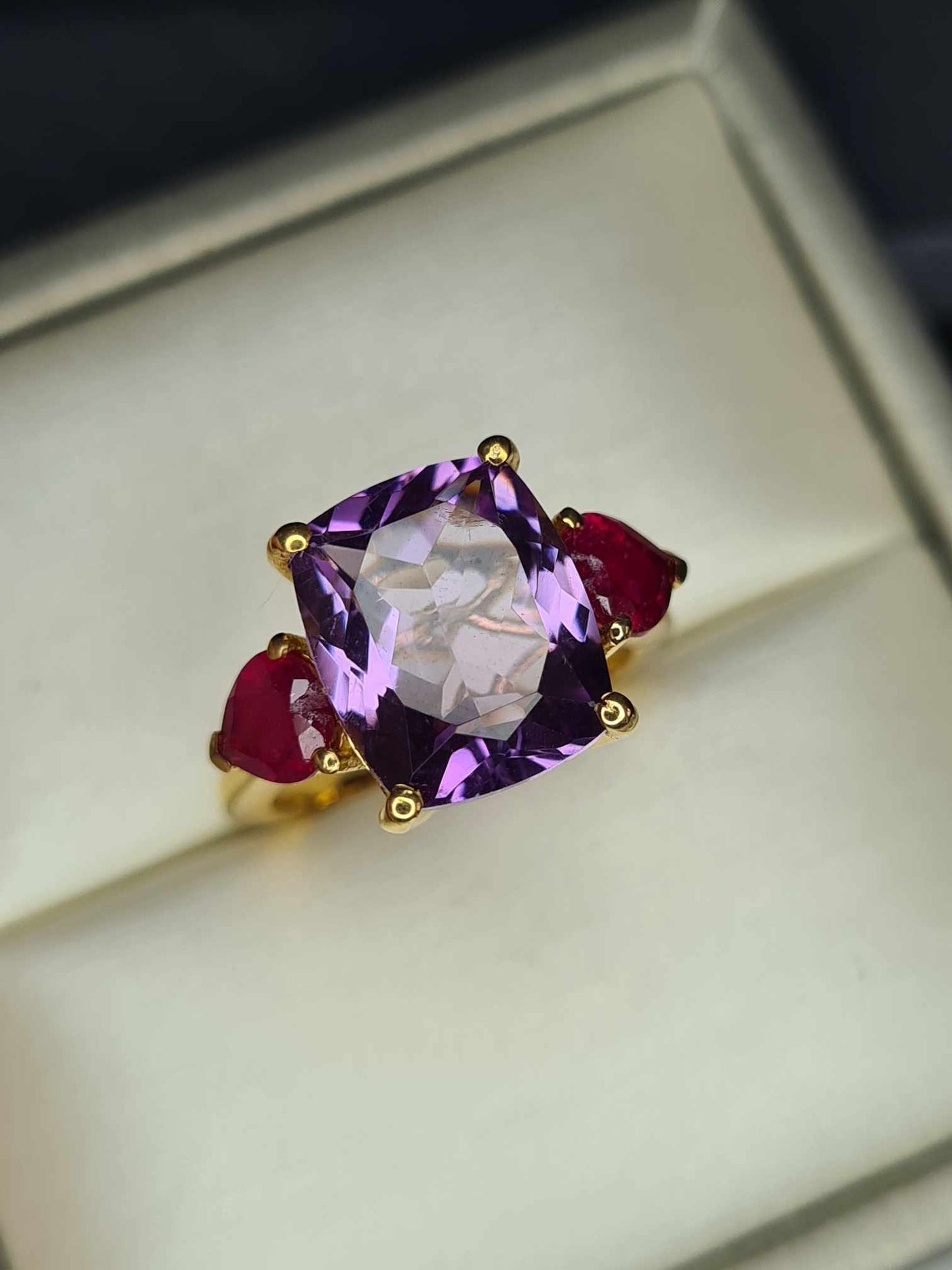 6.660 Ct. African Amethyst & Ruby Trilogy Ring in 18K Gold Overlay 925 Sterling Silver