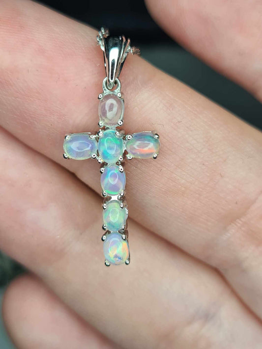 0.760ct. Ethiopian Opal Cross Necklace 925 Sterling Silver with platinum overlay
