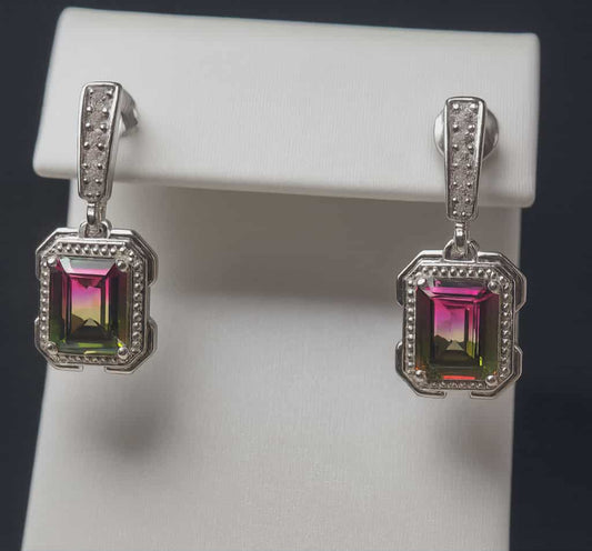 5.28ct Watermelon Quartz Triplet & White Zircon Dangling Earrings 925 Sterling Silver