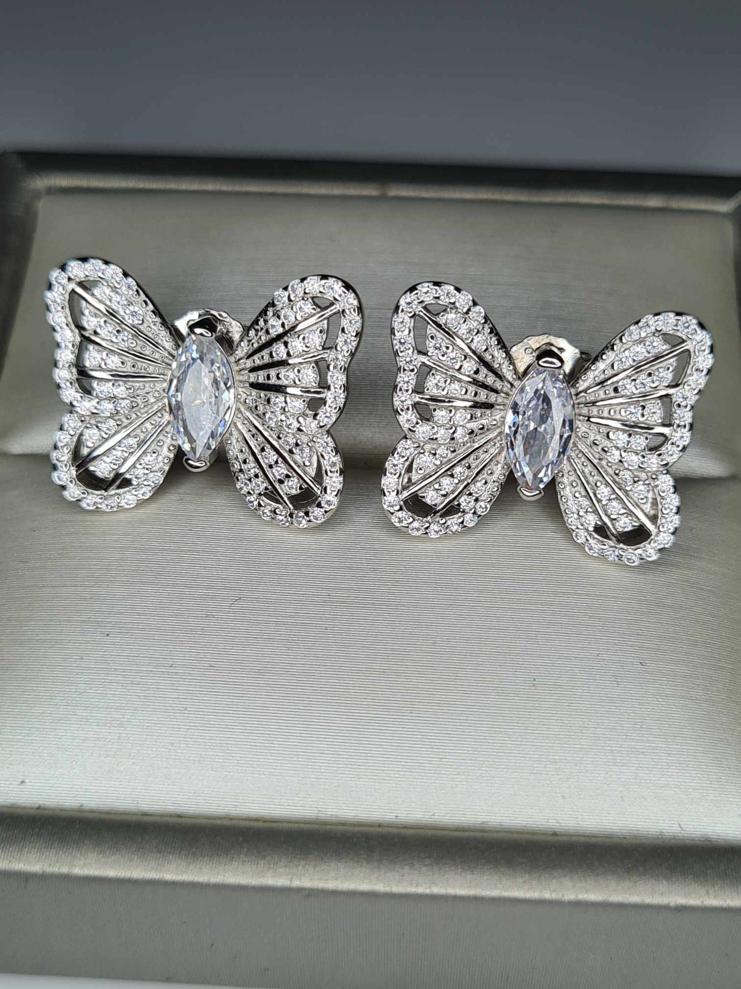 3.110ct Designer Inspired Cubic Zirconia Butterfly Stud Earrings in 925 Sterling Silver Rhodium Overlay