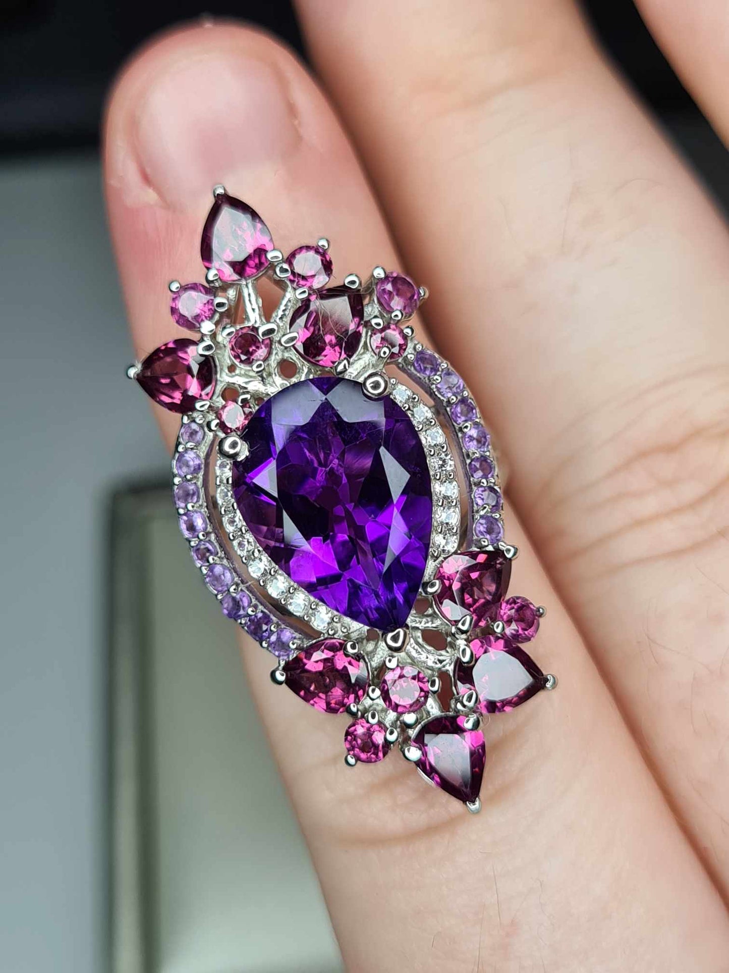 8.57ct Amethyst, Rhodolite Garnet and Natural Zircon Floral Ring in Platinum Overlay 925 Sterling Silver