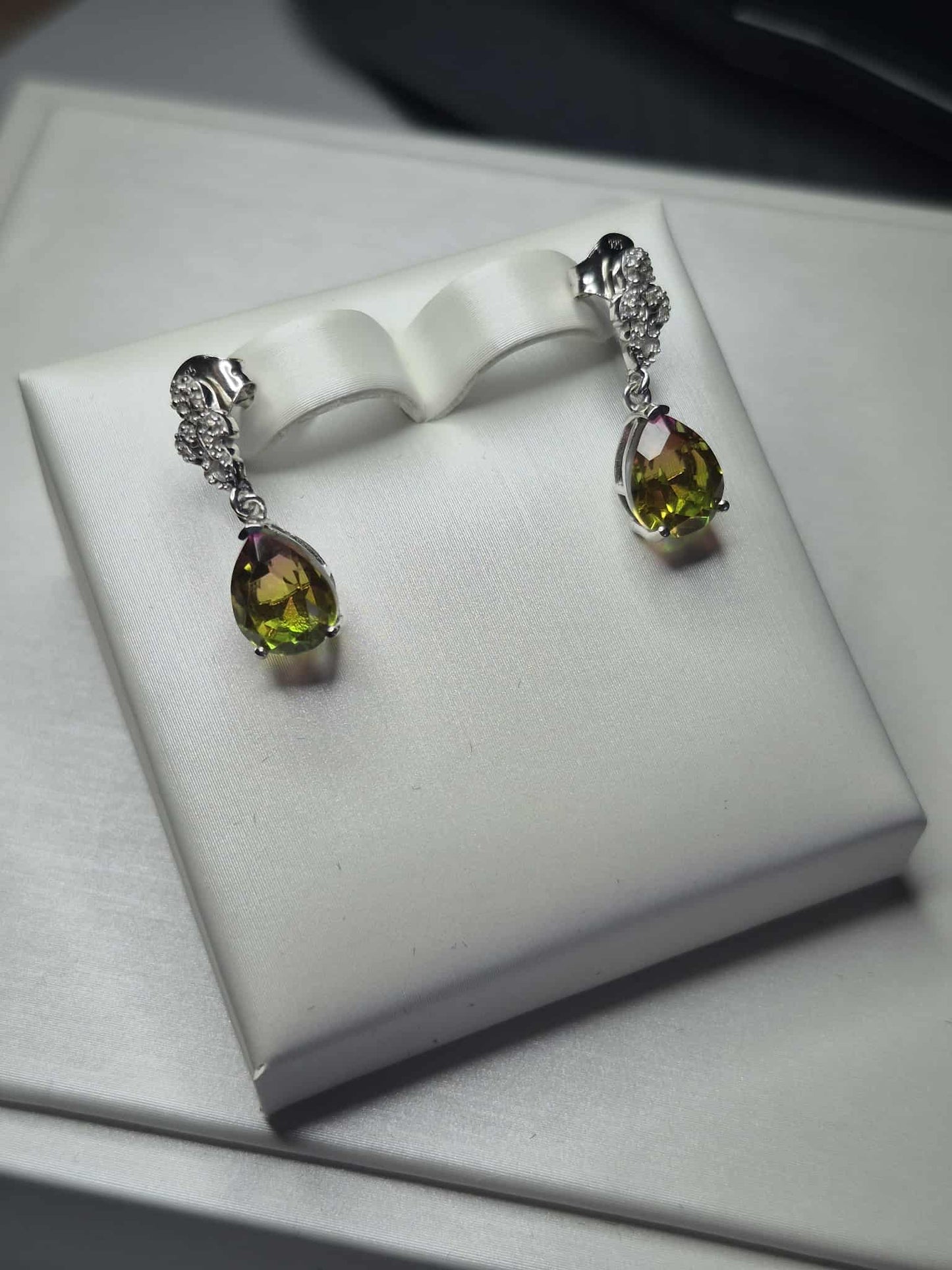 Rainbow Genesis Quartz, White Zircon Dangle Earrings in 925 Sterling Silver