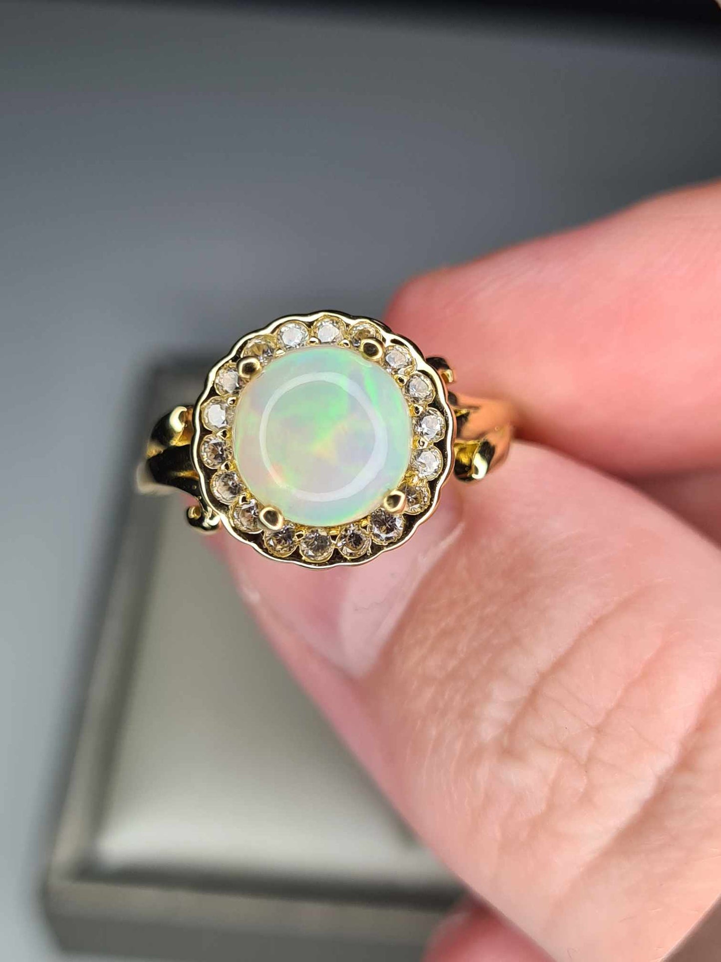 1.68ct Ethiopian Welo Opal, Natural Zircon Halo Ring in 18K Yellow Gold Overlay 925 Sterling Silver SIZE L