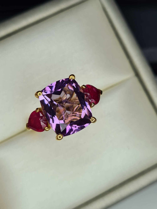 6.660 Ct. African Amethyst & Ruby Trilogy Ring in 18K Gold Overlay 925 Sterling Silver