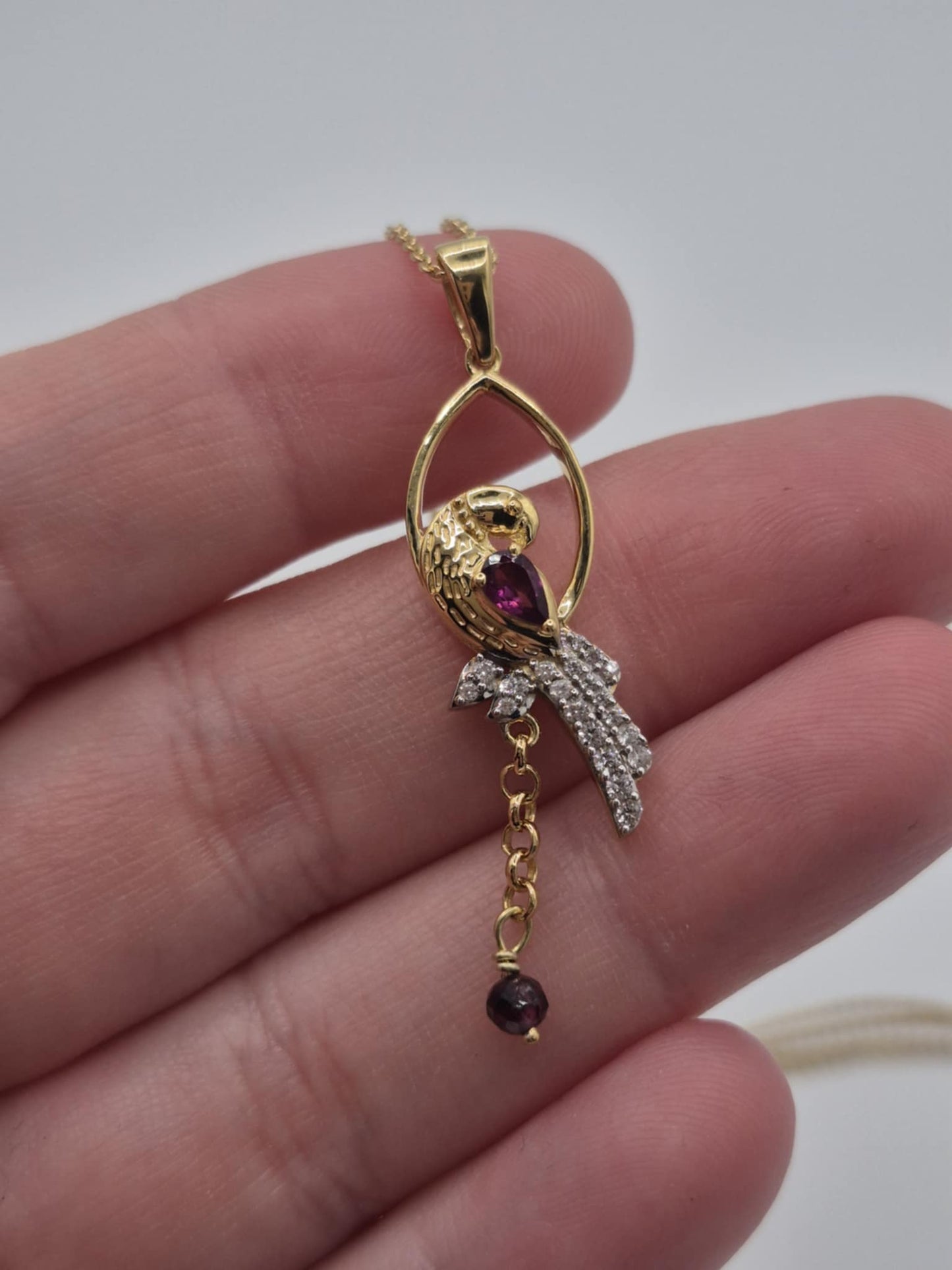 0.910ct. Rhodolite Garnet, White Zircon, Blue Sapphire Bird Necklace in 18K Gold Overlay 925 Sterling Silver