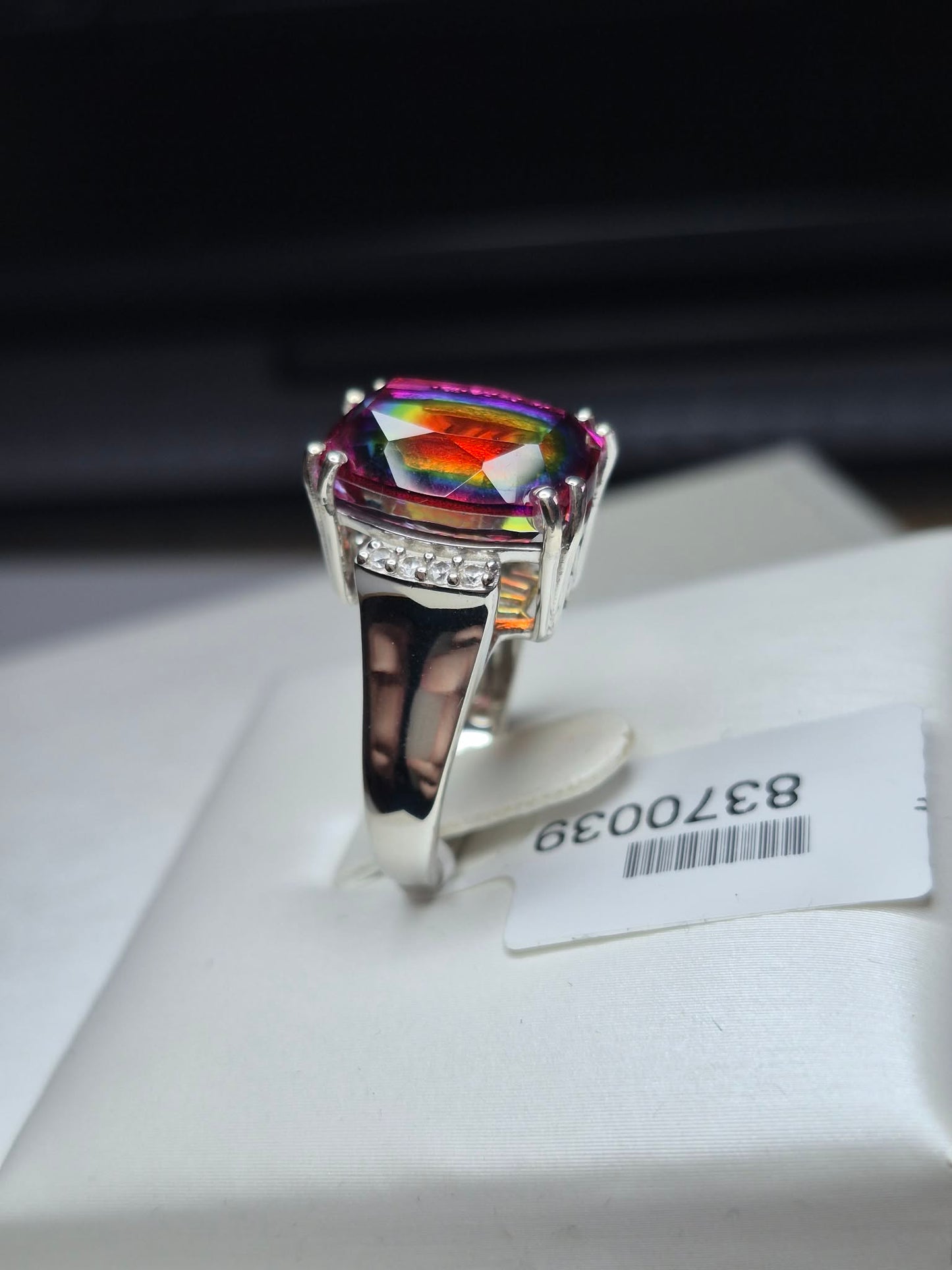 8ct Nebula Quartz Doublet & White Zircon Ring in Rhodium Overlay Sterling Silver SIZE L