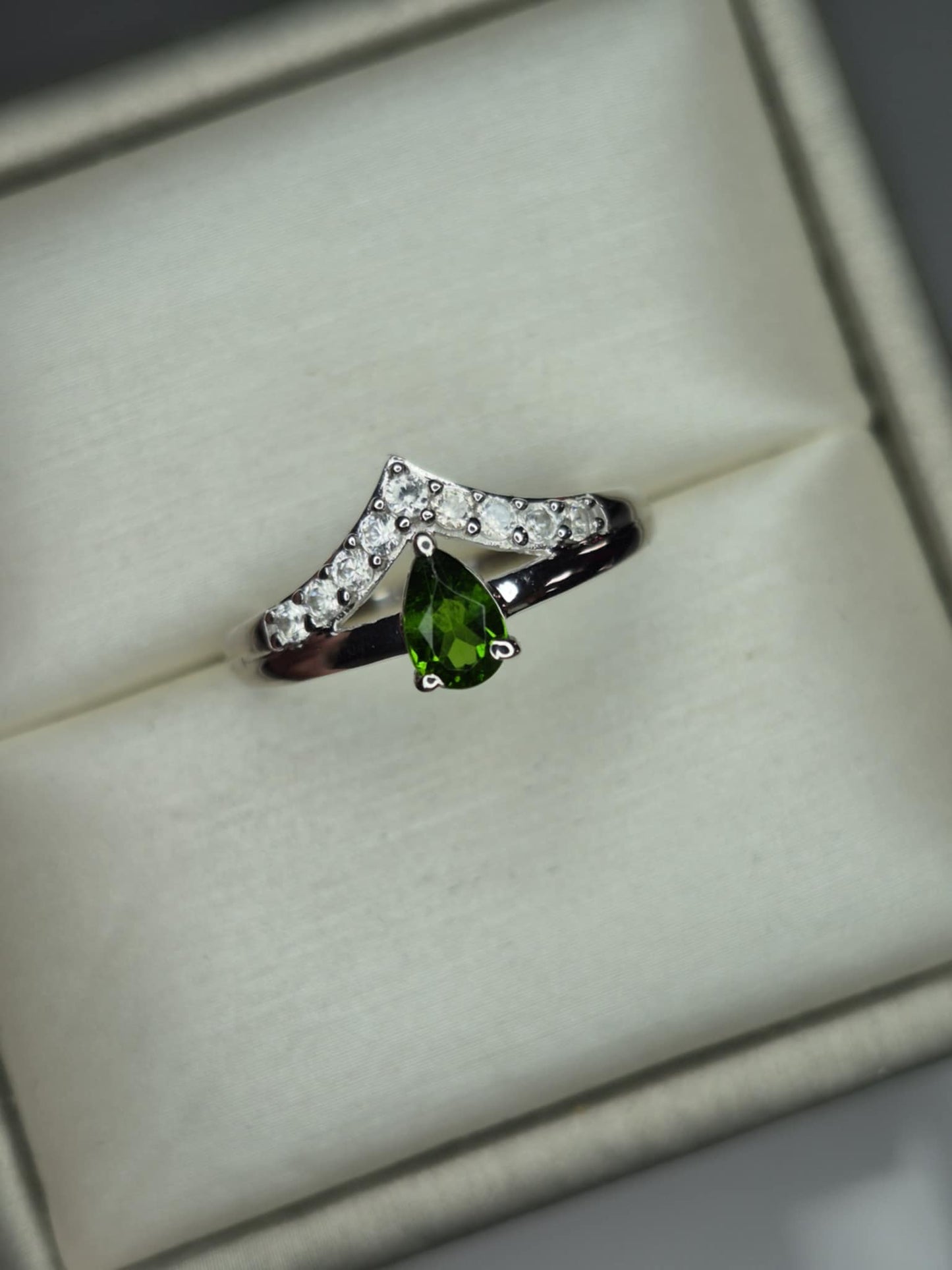 Natural Russian Diopside, Natural White Zircon Crown Ring in Rhodium Overlay 925 Sterling Silver SIZE N