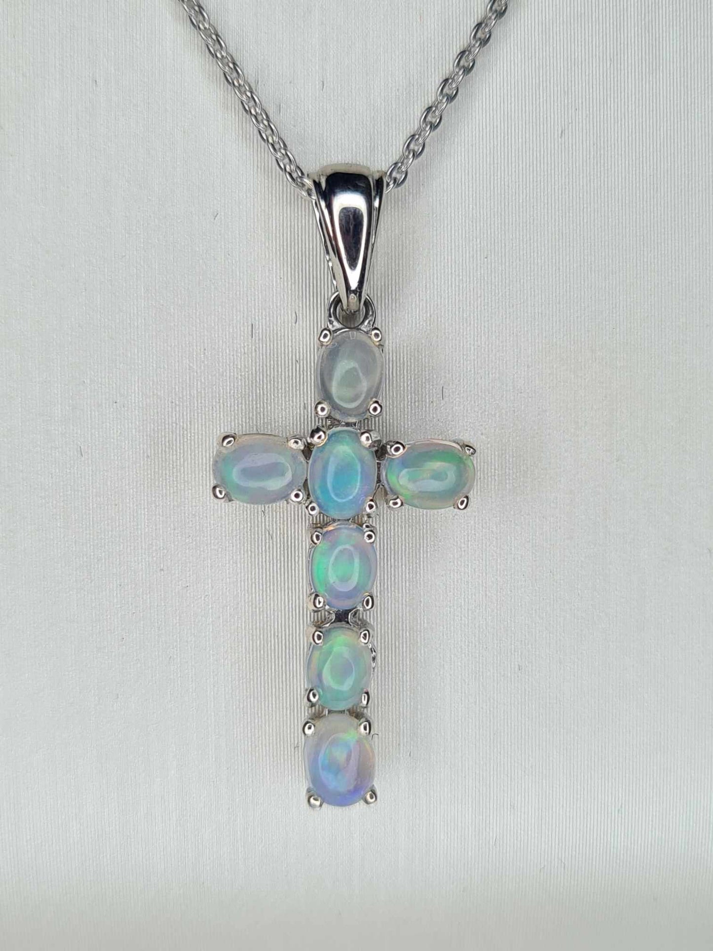 0.760ct. Ethiopian Opal Cross Necklace 925 Sterling Silver with platinum overlay