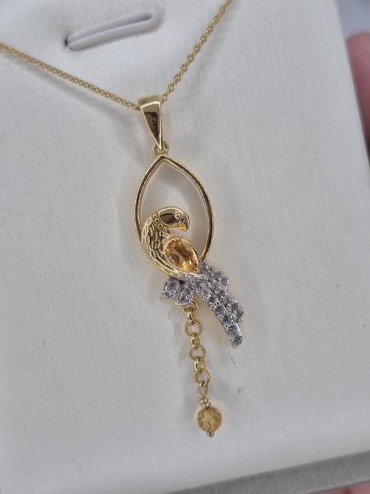 0.756ct. Citrine , White Zircon, Blue Sapphire Bird Necklace in 18K Gold Overlay 925 Sterling Silver