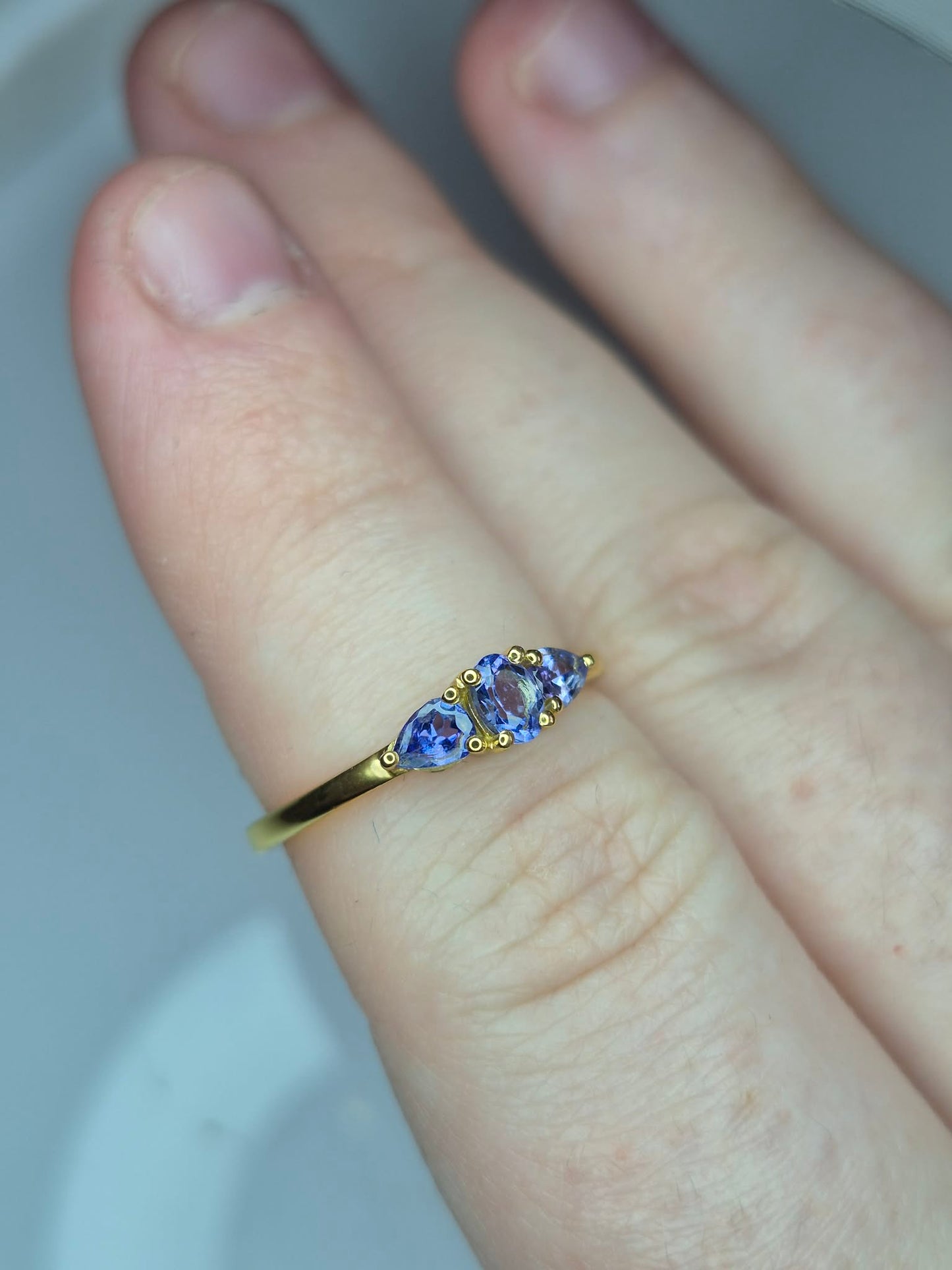 Tanzanite Trilogy Ring in Yellow Gold 925 Sterling Silver SIZE M