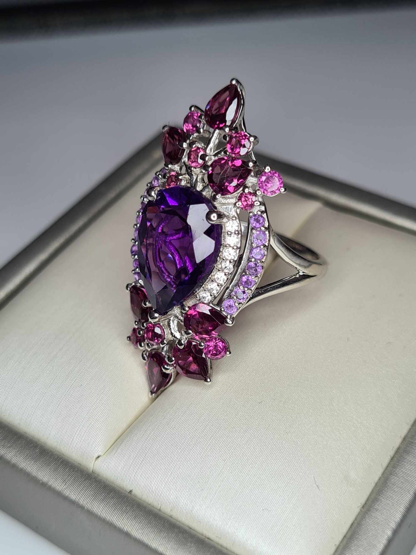 8.57ct Amethyst, Rhodolite Garnet and Natural Zircon Floral Ring in Platinum Overlay 925 Sterling Silver