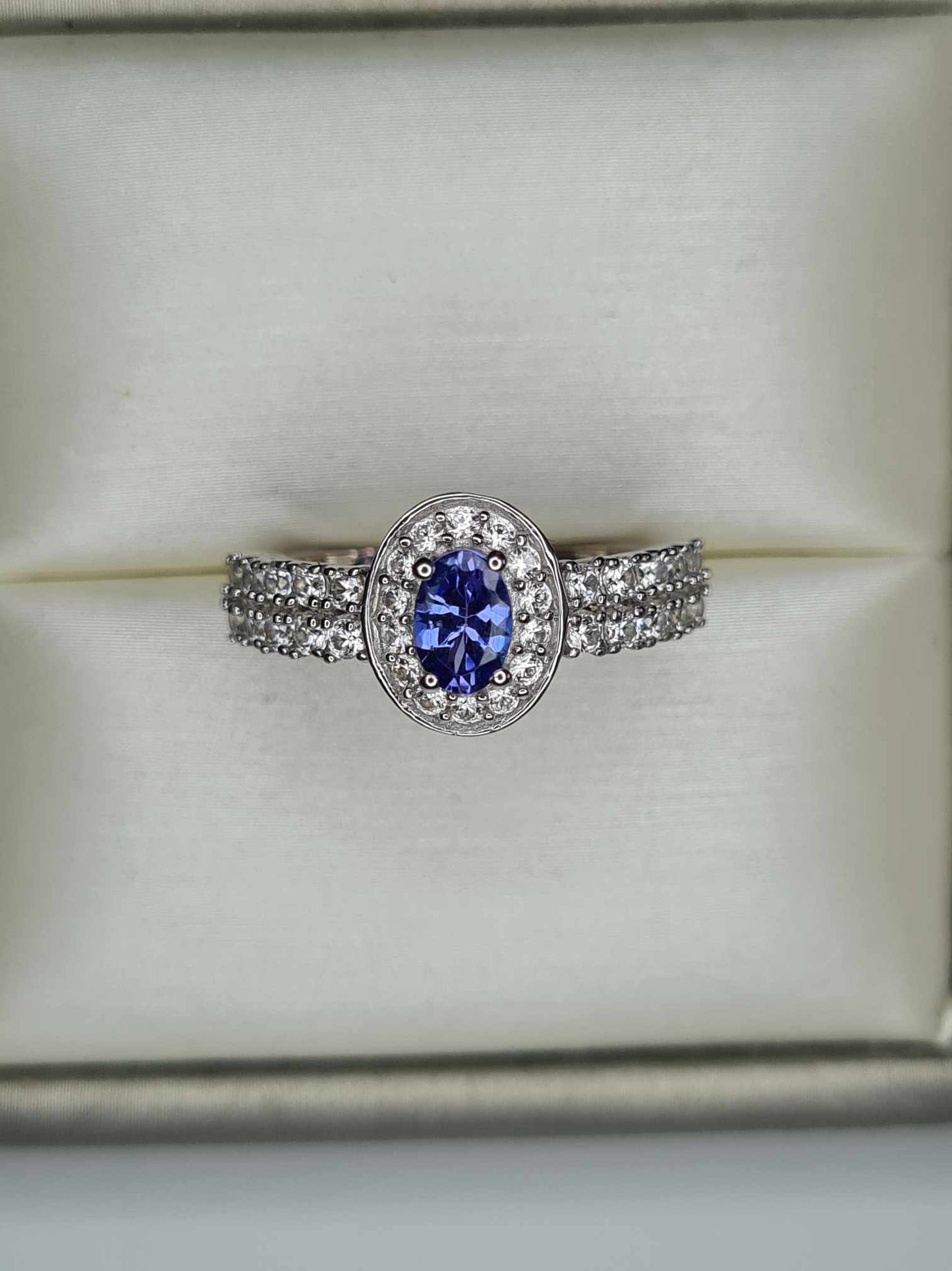 1.35ct AAA Tanzanite &amp; Natural Zircon Ring in Platinum Overlay 925 Sterling Silver SIZE L