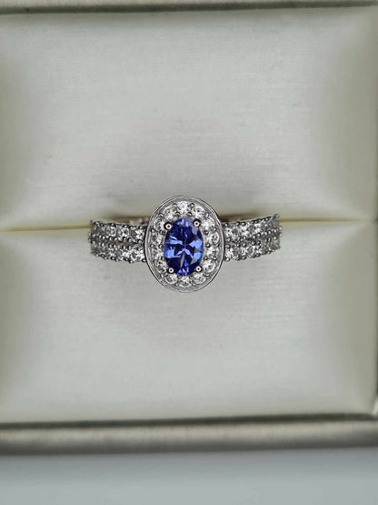 1.35ct AAA Tanzanite &amp; Natural Zircon Ring in Platinum Overlay 925 Sterling Silver SIZE L