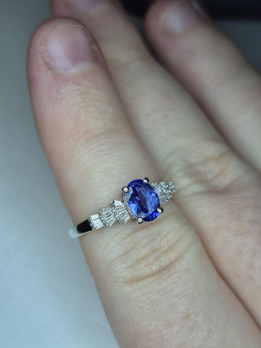 Tanzanite & White Diamond Ballerina Ring Rhodium Overlay 925 Sterling Silver SIZE M